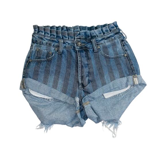 One Teaspoon Pants - One Teaspoon Womens Cotton Cuffed Leg Striped Pocketed Denim Short Blue